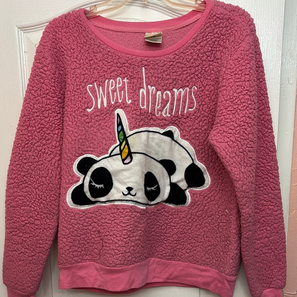 Pink Fleece Pajama Long Sleeve Top with Panda Design